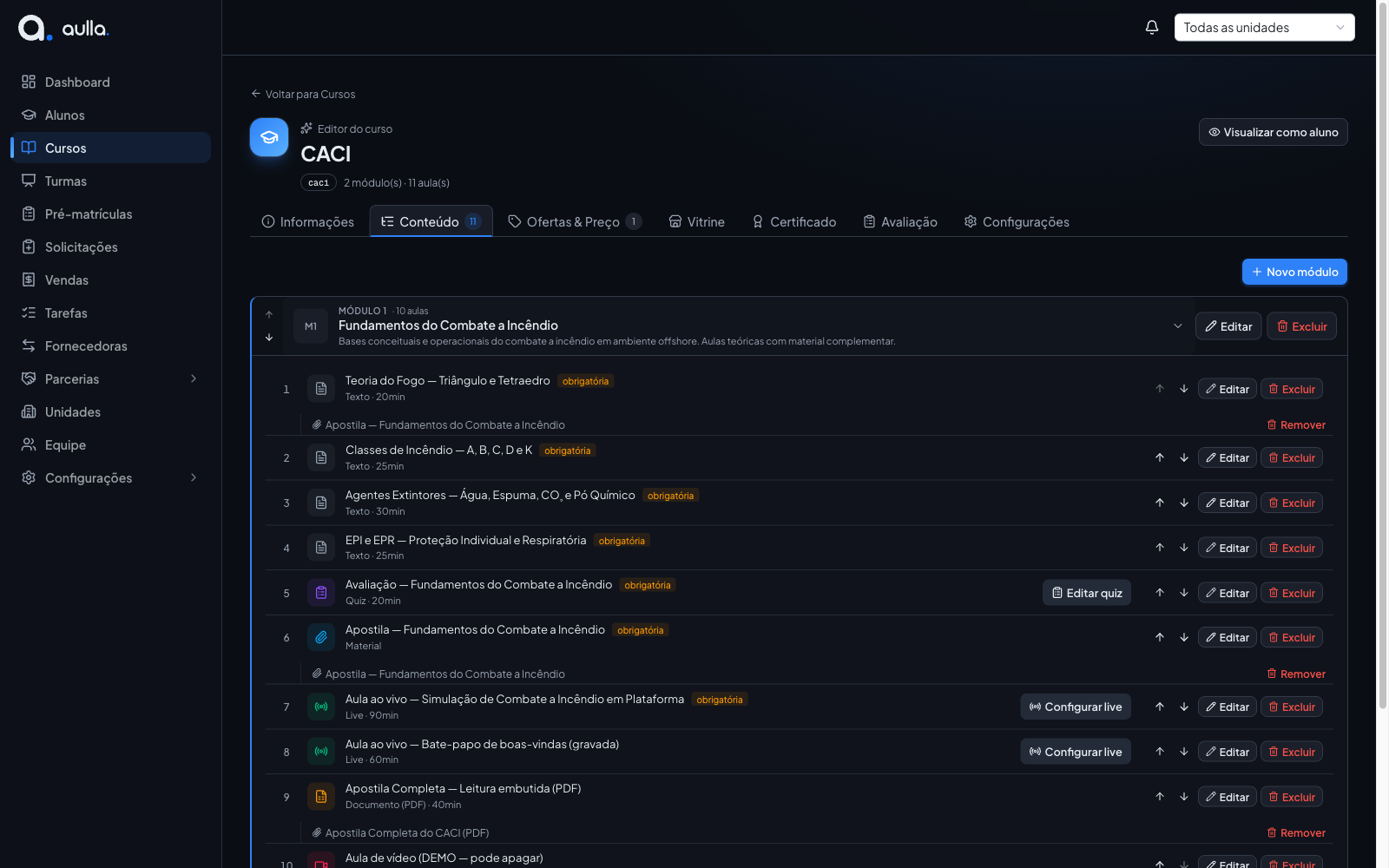 Construtor do EAD — aulas, quiz, material, live e PDF